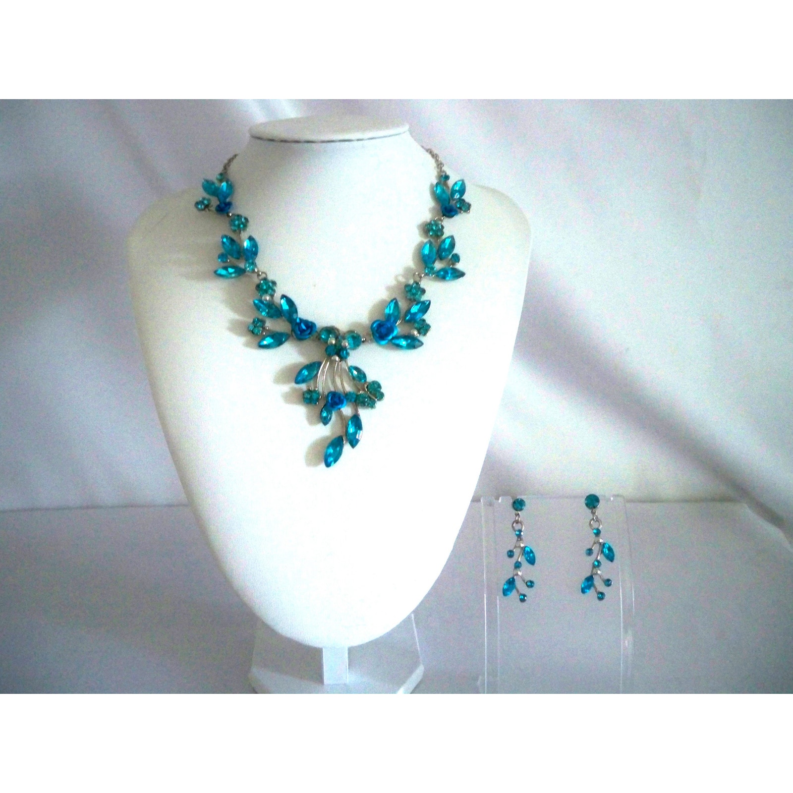 Aqua Teal Blue Rhinestone Necklace Set, Weddings Mob Prom Party Evening Necklace